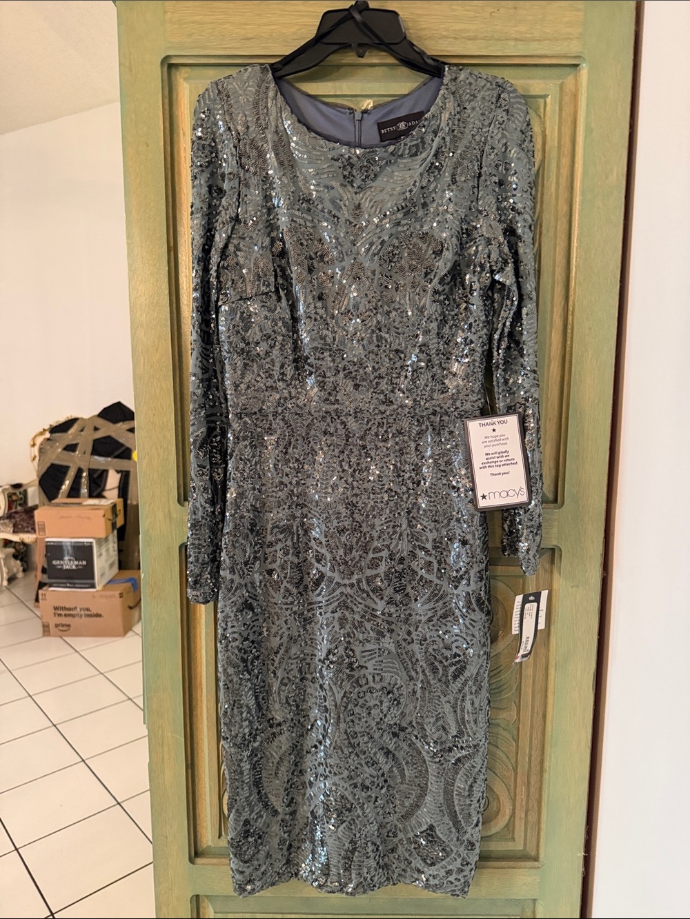 Betsy Adam Slate Gray Sequin Long Sleeve Cocktail Dress